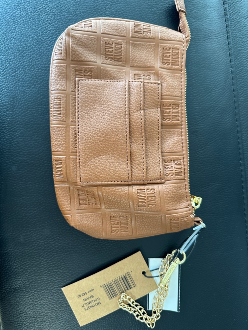 Steve Madden Tan Logo-Embossed Leather Wristlet